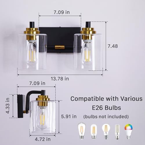 Image of Modern 2-Light Bathroom Vanity Light Fixture, Black and Gold Bathroom Light Fixtures Over Mirror with Large Clear Glass Shades, Farmhouse Wall Sconce for Bedroom Living Room, E26 Base