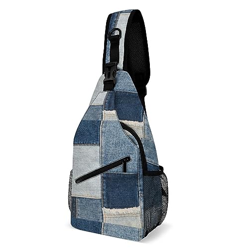 MoBlinko Retro Blue Jeans Printed Sling Bag for Women Patchwork Adjustable Crossbody Sling Backpack Chest Bag for Travel