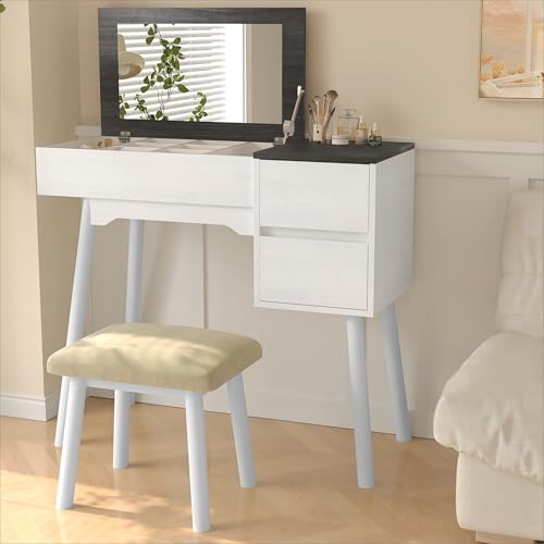Usinso Vanity Desk Table with Flip Top Mirror and Cushioned Stool, Makeup Desk with Mirror and 2 Drawers, Industrial Style Writing Desk with Stool for Living Room, Bedroom, Apartment