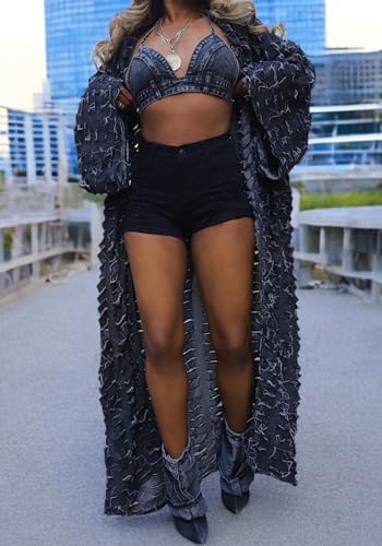 Vackey Distressed Denim Long Jacket Womens Ripped Open Front Duster Cardigan Coat3