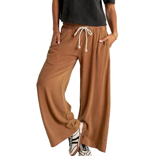 Songling Linen Pants Women Casual Palazzo Drawstring Elastic Waist Flowy Pants Wide Leg Summer Beach Trousers with Pockets
