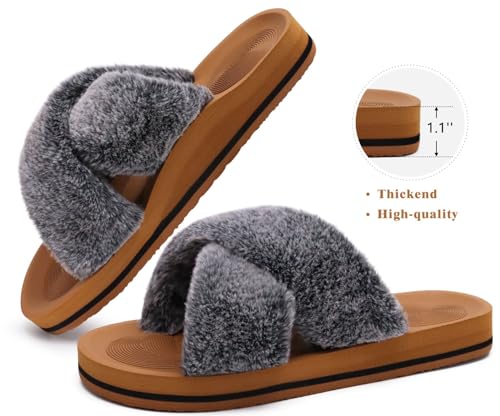 Image of COFACE Womens Fuzzy Slides Fluff Faux Fur Cross Slippers Open Toe Yoga Mat House Slipper Sandals With Arch Support For Indoor /Outdoor
