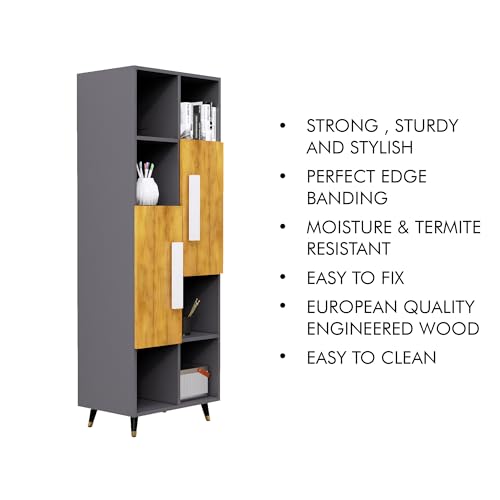 Image of Bniture Bookshelf for Home | Engineered Wood Book Shelf with 2 Door & 6 Shelf | Open Book Shelf Stand for Library | Multipurpose Display Organizer for Living Room & Study | Slate Grey & Giant Wood