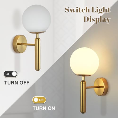 Image of KCO Lighting Set of 2 Mid Century Modern Brushed Gold Globe Wall Sconces | E26 Bulb Included, Indoor Frosted Milk Glass Wall Light, Vintage Hardwired Vanity Fixture for Bathroom Bedroom Hallway Bar