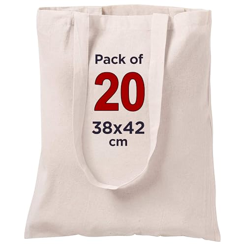 CENTRIX Natural Cotton 20 pack 15 X 16 inch reusable grocery bags, 5.5 oz cotton canvas tote, eco friendly super strong washable