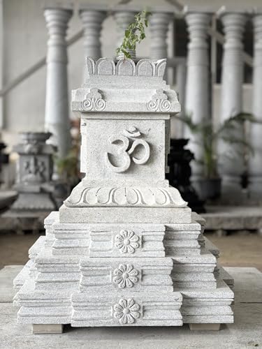 Image of Sri Kanchi Temple Works | Stone Tulasi Maadam | Temple Style Structure | Size -36 * 36 * 36 inches with peedam | Brindavan Top Kudu Design Ohm Swastik Sign | Indoor and Outdoor Tulasi Pot |