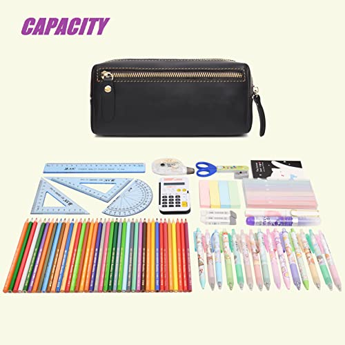 Wonderpool Pen Case Real Leather Pencil Pouch Markers Holder Big Capacity Bag With Side Zippered Pocket Sleeve For Stationery Makeup Utensils Organizer (Black) #TOP7