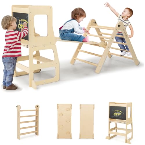 Olakids Pikler Triangle Set 8 in 1 Toddler Climbing Toys Indoor Playground Foldable Wood Baby Montessori Jungle Gym with Toddler Tower Ramp Slide Arch Rocker Angle Adjustable Ladder