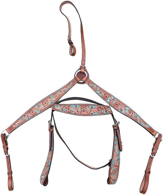 Western Leather Hand Tooled Headstall and Breast Collar Set with Reins. /Size-Full,Cob,Pony AO-925