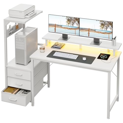 Image of AODK 52 Inch Gaming Desk with USB Charging Ports & LED Light- Reversible Computer Desk with Storage Shelves & Monitor Stand, Modern Gamer Desk Table with Fabric Drawers, White