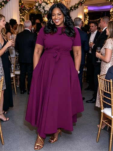 Image of Hostoyo Women Plus Size Formal A Line Maxi Dress Self Tie Waist with Pockets Elegant Round Neck Swing Long Dresses
