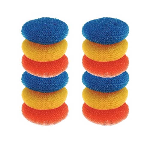 Image of LOLA Plastic Mesh Scouring Pads - 12 Pack, 3.375 inch x 1.25 inch, Non-Scratch Dish Scrubbers to Clean, Assorted & Random Colors, Red, Blue or Yellow