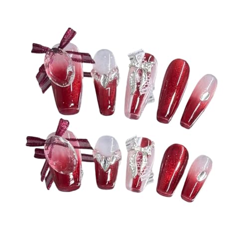 手作りネイルチップロングコフィン3D人気おしゃ付け爪れフレンチネイルチップ赤可愛いつけ爪10枚入収納ボックス付き,M