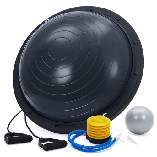 Garvee Demi-ballon d’équilibre 58 cm avec base antidérapante, capacité 1600 lb, bandes de résistance, pompe et balle bonus – Pour entréeînement complet, gainage, yoga à domicile – Noir, Classic