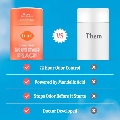 Image of Lume Whole Body Deodorant - Smooth Solid Stick - 72 Hour Odor Control - Doctor Developed - Aluminum Free, Baking Soda Free and Skin Loving - 2.6 Ounce - Pack of 2 - (Summer Peach)
