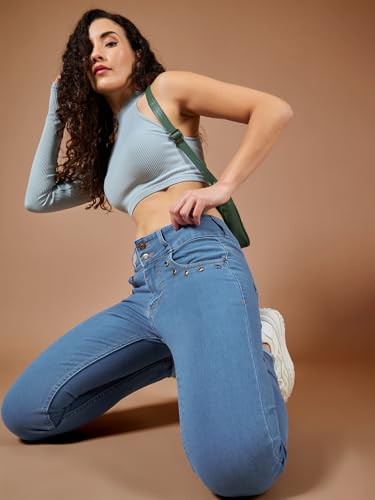 Image of Miss Chase Women's Skinny High Rise Cropped Fringed Hemline Detailing Stretchable Denim Jeans