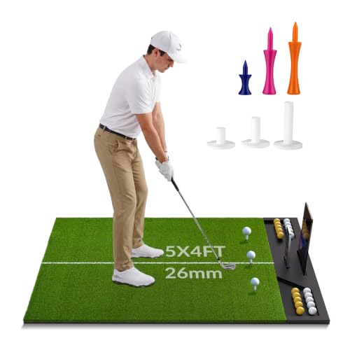 Golf Hitting Mat 5x4FT with Phone/Tablet Slot & Built-in Ball Tray, 26MM Thick, Device Holder, Alignment Line, Rubber Tee Inserts, Non-Slip Base for Home, Garage, Backyard & Simulator Use by NiuMid - Used condition - US$85.92