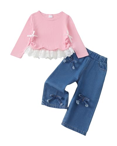 Image of Kucnuzki Toddler Baby Girl Clothes Long sleeve Fall Winter Shirt Tops Baggy Jeans Pants Set Kids Girls Outfits 2 Piece