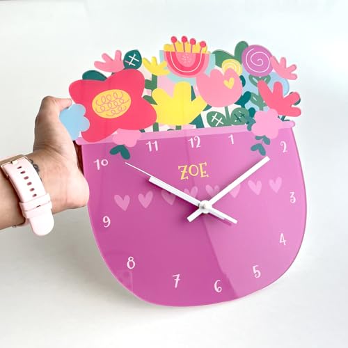 Image of Zooboo Personalized Analog Wall Clock, Custom Name Acrylic Silent Quartz Movement Wall Clock with Sleek Modern Design, Ideal for Birthdays or Return Gifts (Design - Flower Power), 30x30 cm, multicolor