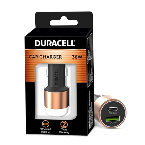 Duracell 38W Fast Car Charger Adapter with Dual Output. Quick Charge, Type C PD 20W