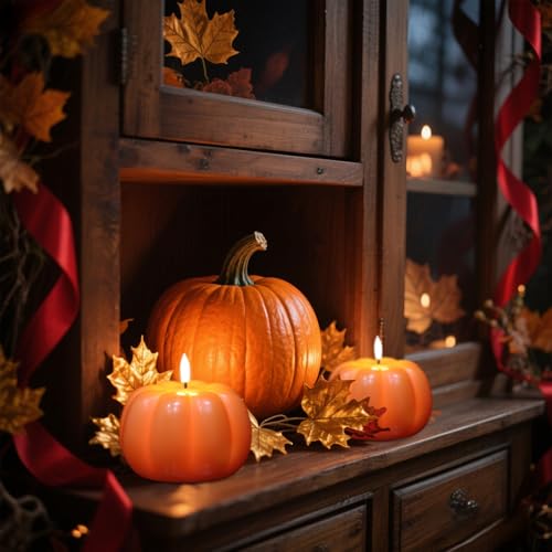 Image of Wondise Fall Decorations Flameless Wax Pumpkin Candles with 6H Timer, Orange Battery Operated LED Candles Fall Decor for Thanksgiving Gifts, Autumn Farmhouse Harvest Decor for Home Decoration