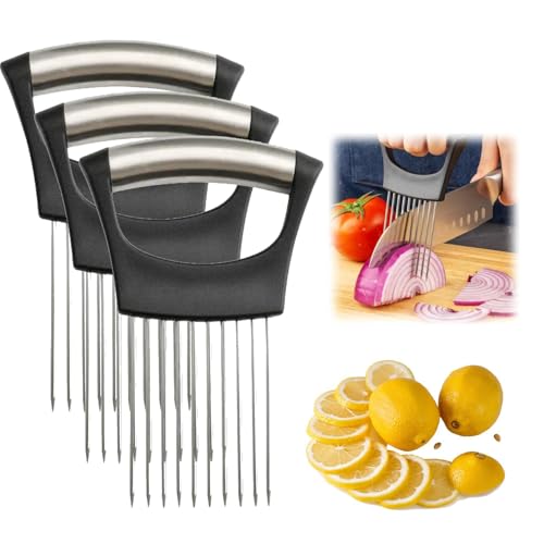 Rebanador de cebolla de acero inoxidable, nuevo rebanador de cebolla, rebanado de limón, rebanado de verduras, herramienta auxiliar para cortar patatas, tomates, carne (3 Pcs)