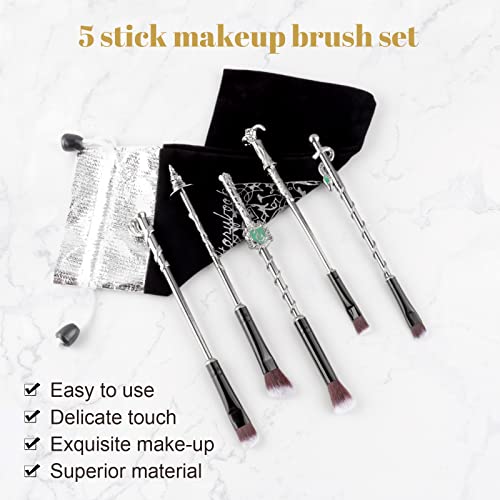 [5 PCS] Makeup Brush Set Metal, 3D Silver Handle Wizard Wand for Foundation Blush, Eyeshadow, Face Concealer, Eyeliner Contour, Powder Liquid Eye, H P Movie, Anime Gift for Girls, Women - Image 3