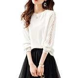 [Boretipseo] Tシャツ レディース 長袖 レース トップス 透かし彫り 花柄 カットソー 丸首 切り替え オフィス 着瘦せ ファッション お出かけ 韓国 可愛い 通気性 通勤 春 秋 冬