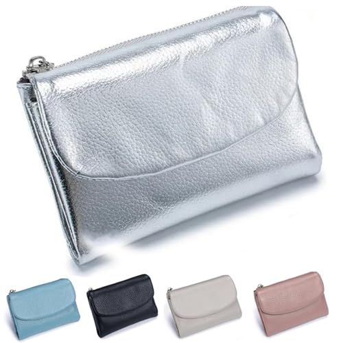 Unisex Pebble Leather Wallet, Small Wallets for Women, Coin Holder & Cash Slots, Genuine Leather Wallets for Men and Women, Small Compact Bifold Pocket Purse with Credit Card Holder (Silver)