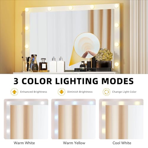 DWVO LED Makeup Vanity Table with 3 Light Modes, 4 Storage Drawers, Built-in Power Outlets & Hairdryer Holder, Dressing Table with Cushioned Stool