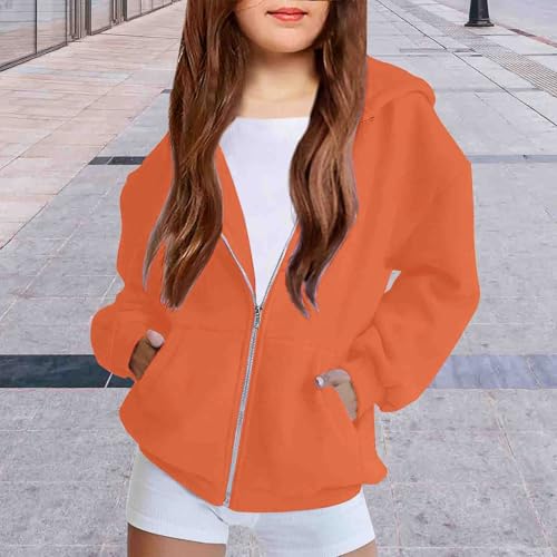 Girls and Toddlers' Fleece Zip Up Hoodie Sweatshirt Long Sleeve Oversized Hooded Winter (1-Orange, 13-14 Years)2