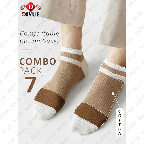 Image of DIVUE Ankle Length Socks for Men & Women | 7 Pair Multi Color Combo Pack | Cotton Rich, Breathable, Sweat Absorbent, Anti Odor, Stretchable, Durable, Multipurpose Sports, Gym & Casual Use Socks
