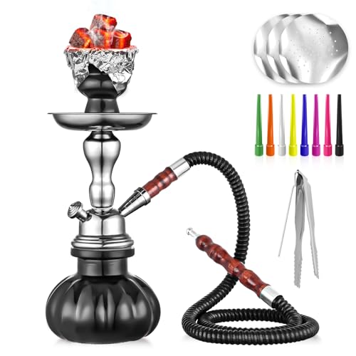 Hookah Set 11 Shisha Hookah Complete Set With Mini Pumpkin Hookah Glass Vase Ceramic Bowl Wooden Handle Hose Coal Tong (black)