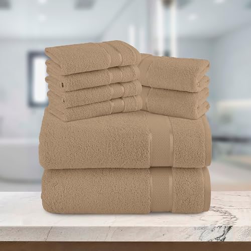 Image of Elegant Comfort Premium Cotton 8-Piece Towel Set, Includes 4 Washcloths, 2 Hand Towels and 2 Bath Towels, 100% Turkish Cotton - Highly Absorbent and Super Soft Towels for Bathroom, Taupe