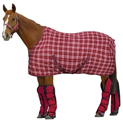 Bow & Arrow Horse Fleece Stable Rug - 250G Medium Weight Standard Neck Red/White Check Blanket - Equestrian Protective Winter Indoor Yard Travel Warm Cover Cover