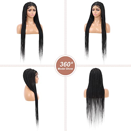 Lexqui 36" Large Square Knotless Box Braided Wigs For Women Full Double Lace Braided Wigs With Baby Hair Long Black Cornrow Lace Frontal Braids Wig Natural Looking Synthetic Braided Lace Wigs #TOP6