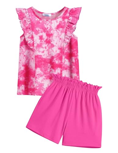 Image of Arshiner Girls Clothes Summer Outfits Ruffle Sleeve Tops and Paperbag Waist Shorts with Pockets Kids Clothing Set