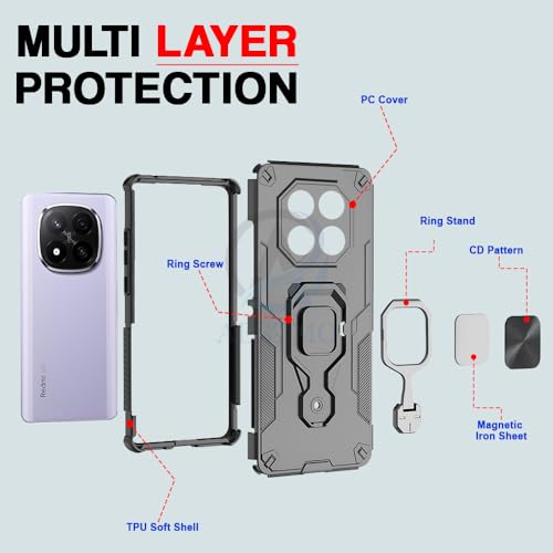 Image of AESTMO Armor Back Cover for Redmi Note 14 Pro /Poco X7 5G | Ring Holder & Kickstand & Camera Protection in-Built | 360 Degree Protection Back Case Cover (Black)