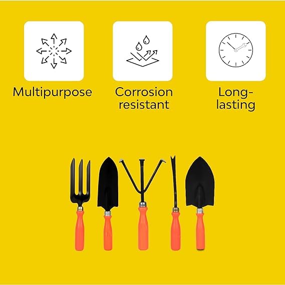 U.A. Crafts-5 Pieces Gardening Tools Set (Cultivator, Big and Small Trowel, Weeder, Fork) | Tools for Home Garden | Durable Plant Tool Kit | Farming Tools