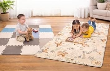 Miotetto Baby Puzzle Play Mat 16 Tiles Cream Gray Beige and Foldable Play Mat Adventure World Bundle Soft Foam Non Toxic Waterproof Reversible Portable Play Mats for Infants Toddlers