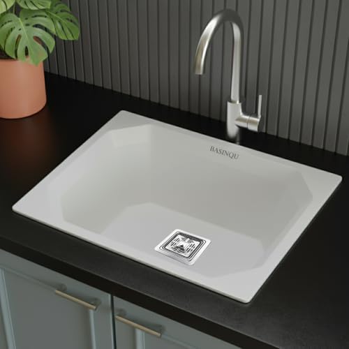 Image of BASINQU Quartz Sink for Kitchen | 24x18x9 Inches White Single Bowl Sink For Kitchen Basin Diamond Designed | Granite UV Protected Scratch Resistant, Undermount /Topmount Kitchen Sinks