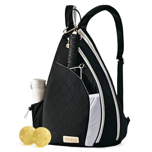 VELADAY Pickleball Bag for Women, Chic Quilted Pickleball Sling Bag, Black