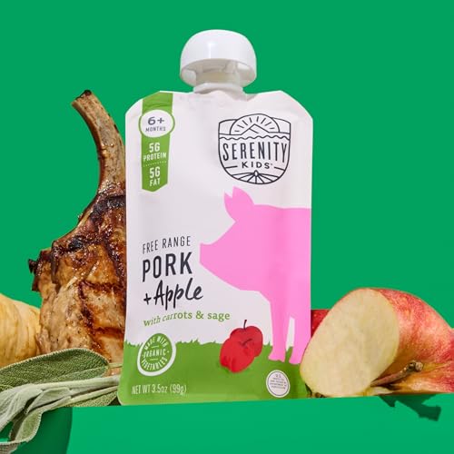 Image of Serenity Kids 6+ Month Pork Baby Food Pouches - Free Range Pork + Apple with Organic Carrots & Sage - BPA-Free Food Pouches for Baby - 3.5 Oz, 1 Count