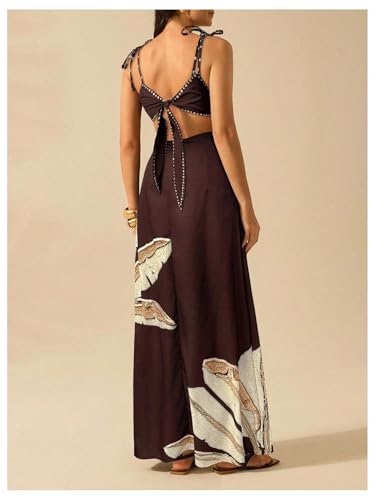 Image of SOLY HUX Women's Summer Maxi Dress Boho Print Tie Shoulder Spaghetti Strap Cut Out Tie Back Cami Dresses Sundress