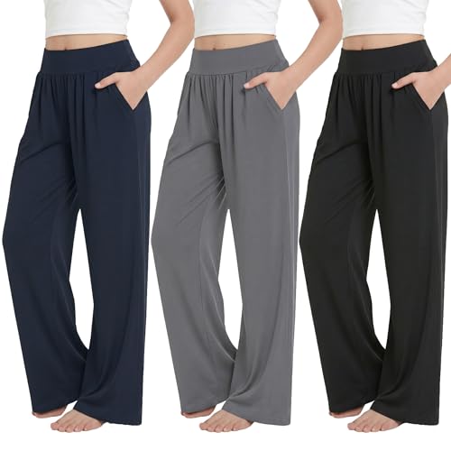 Image of EXARUS 3 Pack Girls Wide Leg Pants Baggy /Tapered Loose Casual School | Teen Flowy Tween Trousers Youth Sweatpants Junior Preteen Bottoms Lightweight Soft Kids 6-14Y