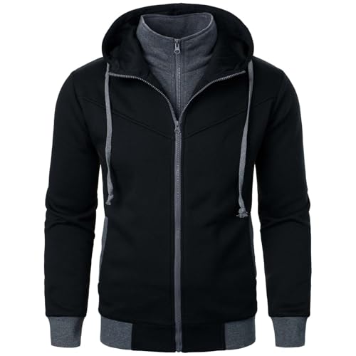 Mens Jacket With Hood Double Zipper Casual Patchwork Trendy Hooded Sweatshirt Fall Coat