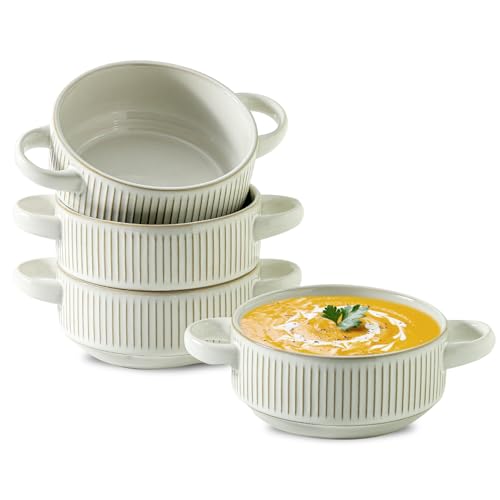 Soup Bowls with Handles, 20 oz French Onion Soup Crocks, Stackable Soup Bowl Oven Safe for Chili, Beef Stew, Embossment Ceramic Bowl Set - 5.4 Inch, Set of 4,Blue