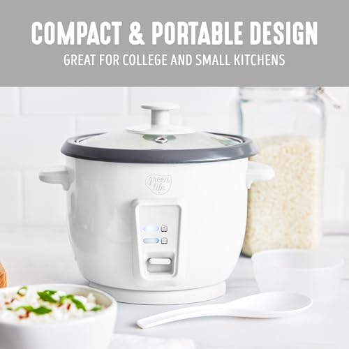 GreenLife Rice Cooker with Removable PFAS-Free Ceramic Nonstick Pot, 3-Cups Uncooked/6-Cups Cooked, Grains & Oatmeal Multicooker, Compact One-Switch Design, Auto Keep Warm, Easy Clean, White by GreenLife - Used condition - Image 4