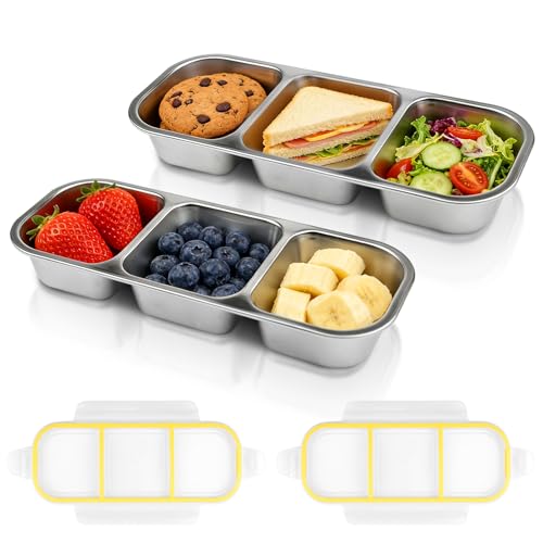 XZMCAT Snackbox mit Fächern Edelstahl, 2 Stück Bento Box – Auslaufsichere Snackbox mit Deckel & 3 Fächern, Brotdose Kinder für Schule, Snacks, Reisen & Alltag (26×11×5 cm)