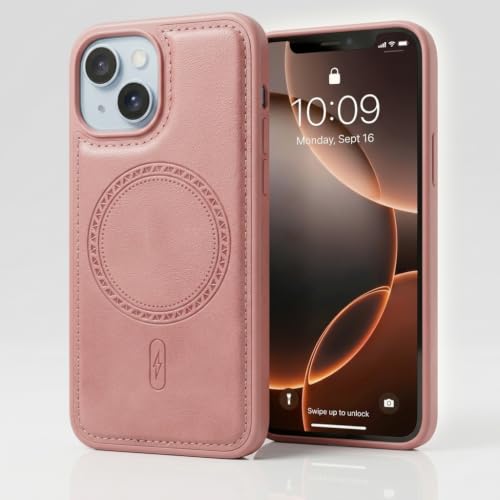 Image of amazon basics Premium PU Leather Case for iPhone 15, MagSafe Compatible Magnetic Ring, Sleek Protective Back Cover - [Pink]